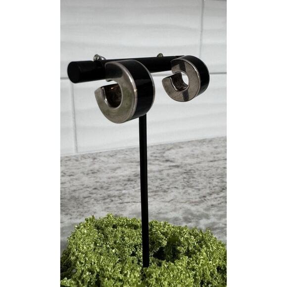 Vintage Sterling Silver Black Onyx Inlay Chunky Small Hoop Earrings - Picture 3 of 7